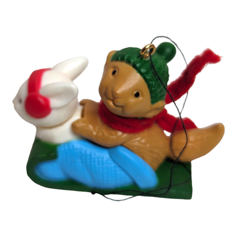Vintage 1984 Avon Winter Pals Tree Ornament Squirrel Bunny Sled with Box 1980s‎